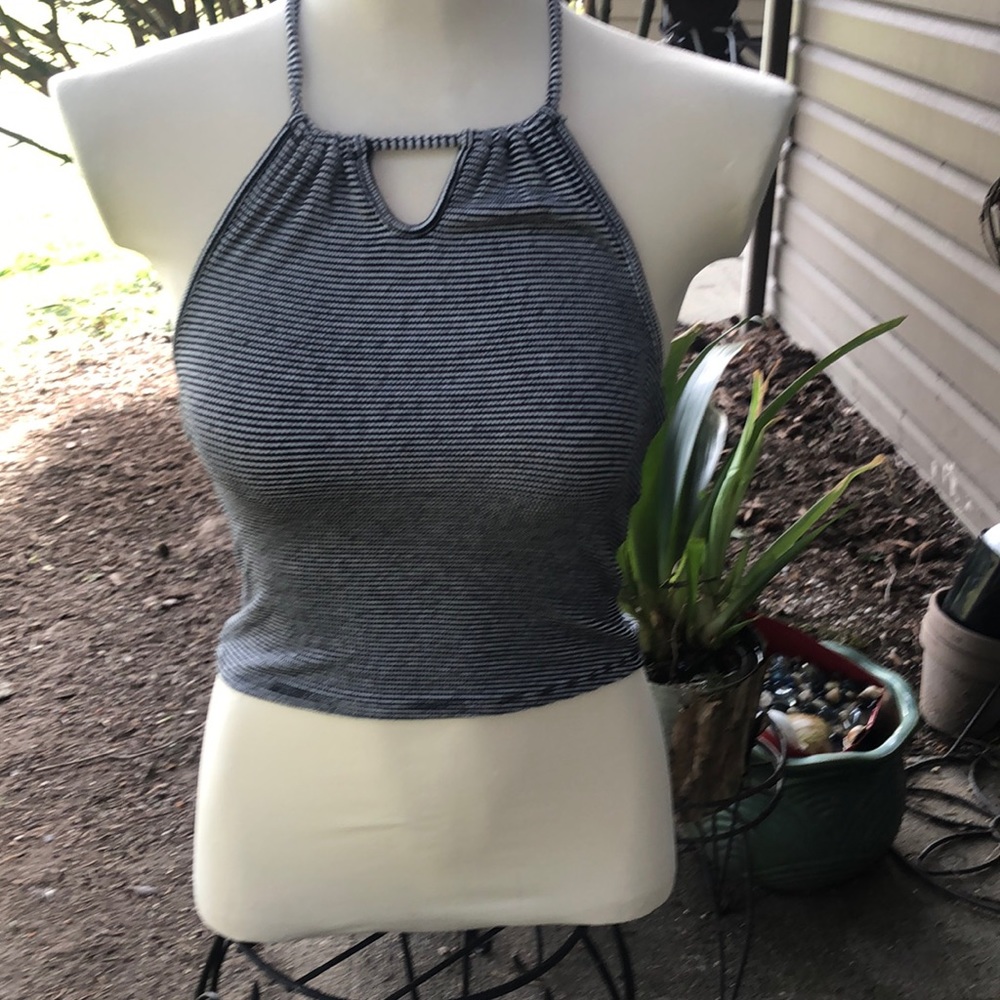 Garage -striped halter top.keyhole neckline open back